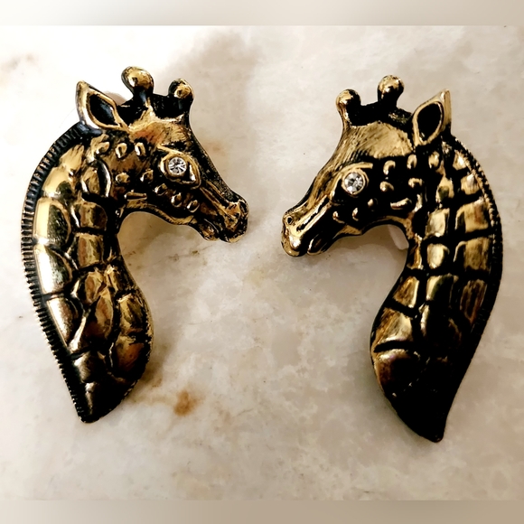 Vintage Bold Gold 1980s Giraffe clear stone eyes clip on earrings #giraffelover - Picture 6 of 11